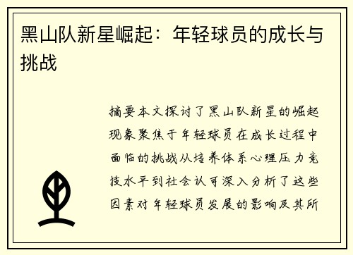 黑山队新星崛起：年轻球员的成长与挑战