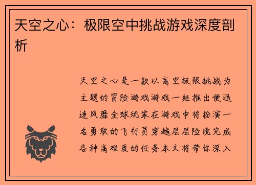 天空之心：极限空中挑战游戏深度剖析