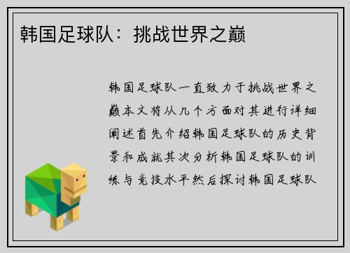 韩国足球队：挑战世界之巅